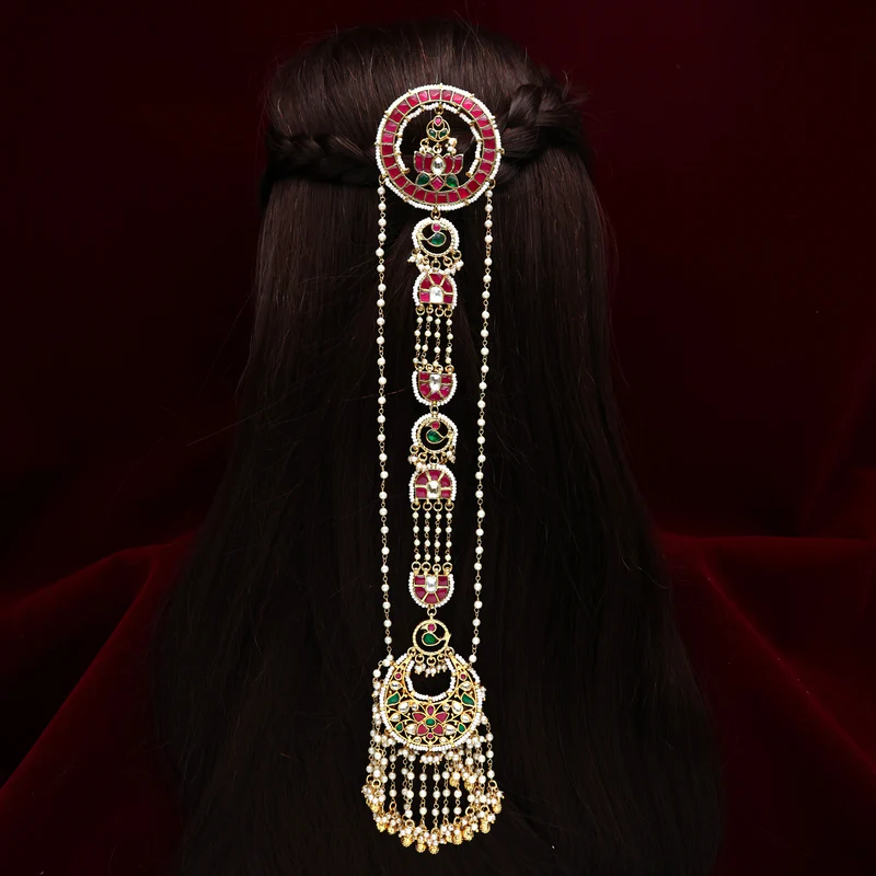 Kundan Lotus Bird Pearl 3 Line Bridal Hair Jada Billai